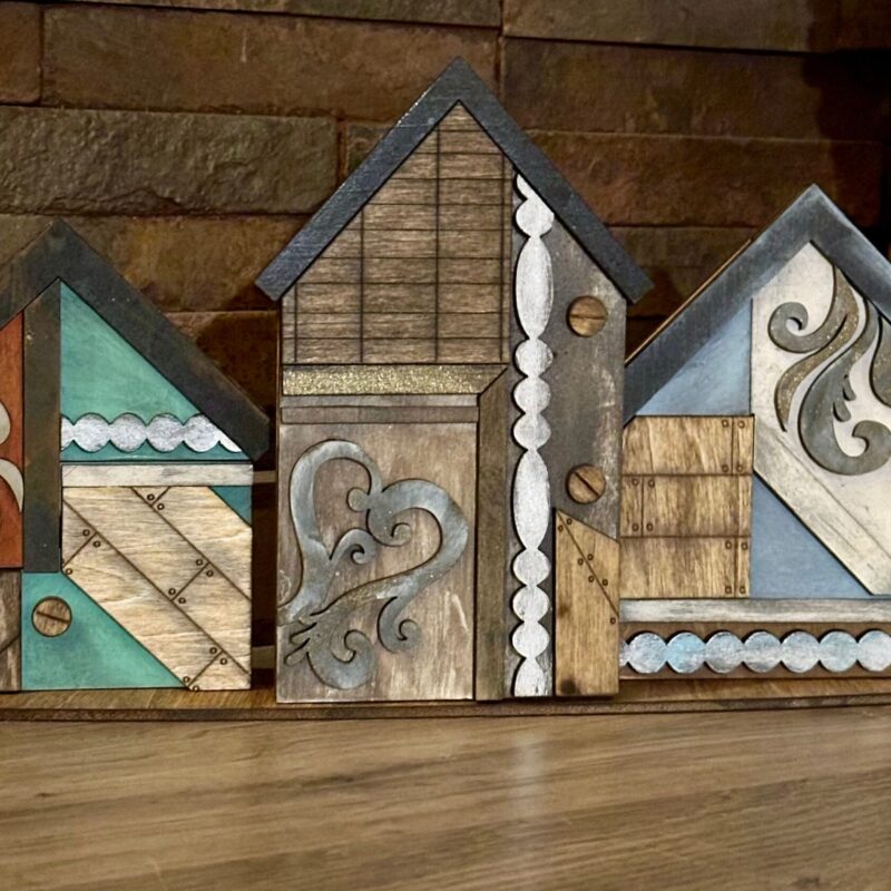 Handcrafted Rustic Wooden Decorative Houses - Artisan Painted Home Decor, Cottage Style Mantelpiece Accent, Unique Gift Idea